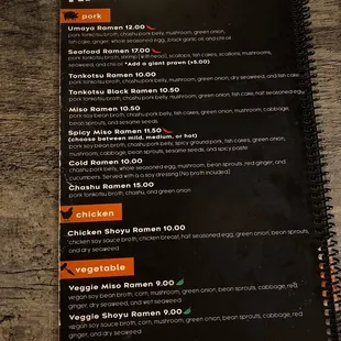Ramen menu