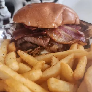 Schwarber smash burger with brisket and fries