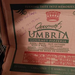 The &quot;Take n Bake&quot; pizza box.