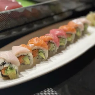 Big Toro - bluefin tuna, salmon, and yellowtail toro (belly) on top of a spicy, crunchy tuna-avocado-cucumber roll