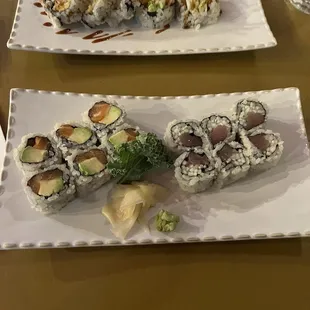 Salmon Avocado Roll and Tuna Cucumber  Shrimp tempura roll (top)