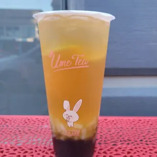 passion fruit green tea w/ boba &amp; lychee jelly (30% sugar, light ice)