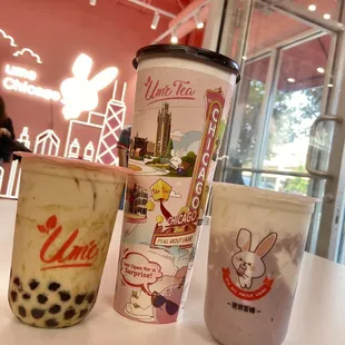 Brown sugar milk tea, plushie surprise cup, taro latte with coconut puddling