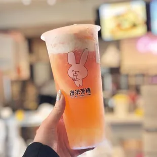 Grapefruit green tea slush with crystal pearls