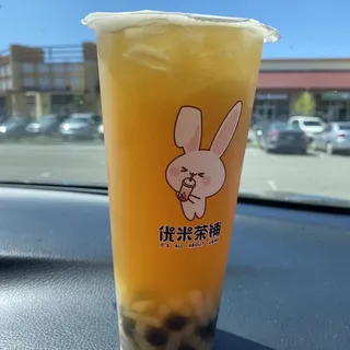 Passion Fruit Green Tea with Boba and Lychee Jelly
