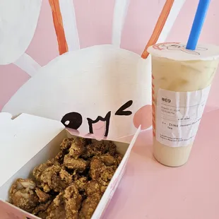 Popcorn chicken and Jasmine Floral Milk Tea