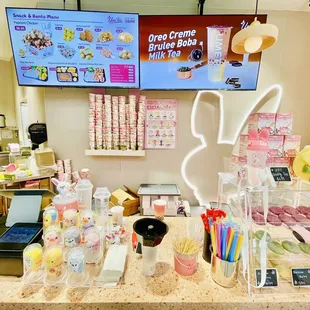 a counter with a variety of items