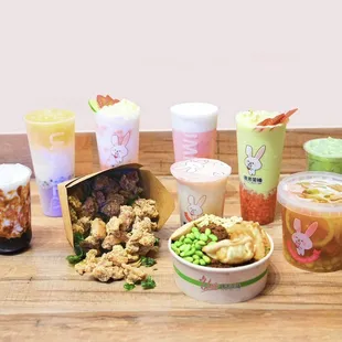 a variety of drinks and snacks