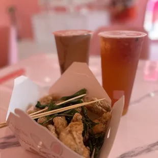 Boba tea, popcorn chicken, fruit tea