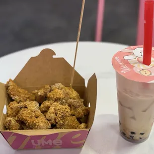 Chili bbq popcorn chicken + Sugar boba fresh milk
