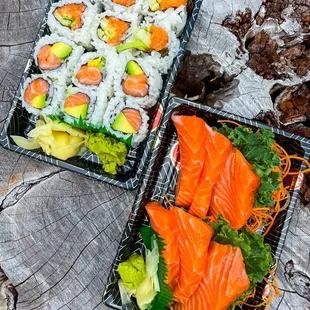 salmon avocado, spicy salmon, salmon sashimi! check out my food blog on Instagram @diningwithkels