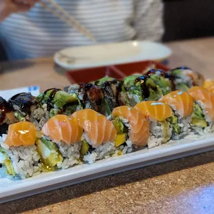 a closeup of a plate of sushi