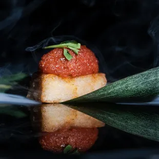 a close up of a piece of food
