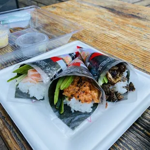 Salmon Belly, Spicy Hamachi Hand Roll, Truffle Salmon Skin Hand Roll