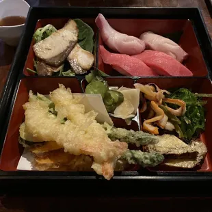 Bento Box - sushi, tempura, seaweed salad