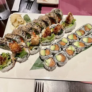Shrimp tempura roll and salmon avocado roll.
