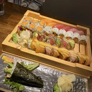 Sushi Boat for 2, special rolls: Drunken Fish Roll, Cow Boy Roll, hand roll: California Hand Roll