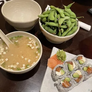 Miso soup, Philadelphia roll, edamame