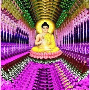 a buddha sitting on a lotus flower bed