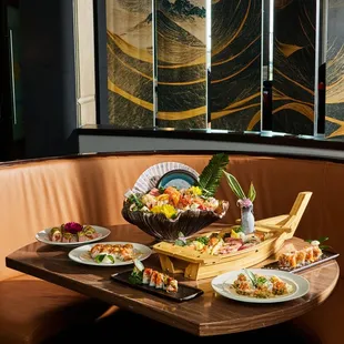 interior, sushi and sashimi
