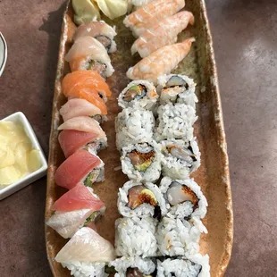 salmon kamikaze, ebi nigiri, rainbow roll