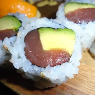 Tuna avocado roll, close-up.