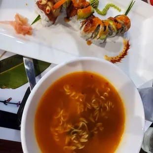 Dragon roll and spicy Korean ramen (without veggies). Both were really good!