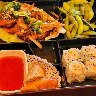 Lunch bento: Teriyaki steak, edamame, crab rolls, and a delicious egg roll. Excellent!