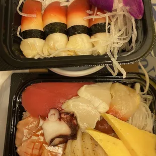 Top: surf clam sushi - 2 orders Bottom: chirashi bowl - miso soup included