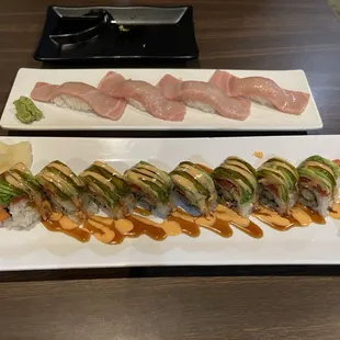 Otoro nigiri (top) &amp; Tiger Roll (bottom)
