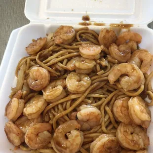 Teriyaki shrimp with 'yaki soba'