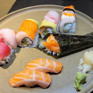 Rainbow roll $18, salmon handroll $6, salmon belly - 3.5 Stars