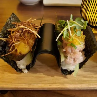 Yellowtail + eggplant handrolls