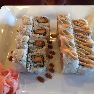 Spicy tuna roll and teriyaki chicken tempura. Looks great!