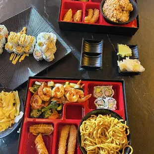 Salad.   Teriyaki steak and teriyaki shrimp and a few sushi rolls.   The food was fresh and flavorful.