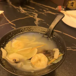 Seafood Soup: Clams, Muscle, Shrimp, Bay (small) Scallops. Just a couple of each in a seafood broth.
