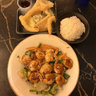 Shrimp, teriyaki, and vegetable tempura