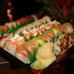 a tray of sushi on a table