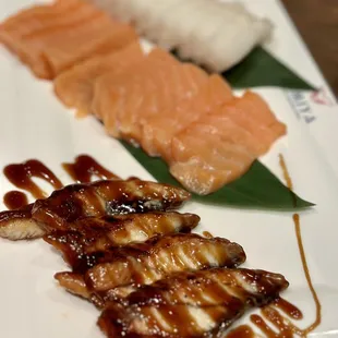 Unagi, smoked salmon, escolar