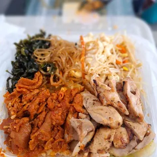 Spicy pork &amp; chicken. Teriyaki sauce on the side.