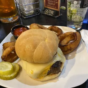 Ultimate cheeseburger with onion ring upgrade