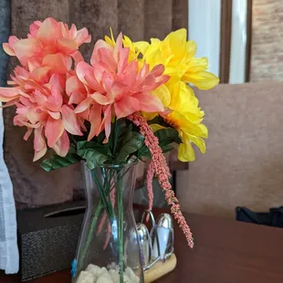 Flowers(artificial) on the table.