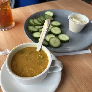 Curry soup, cucumbers and hummus. Yum!