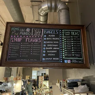 The board telling you about the different flavorings, varieties of bagels, and the teas available.