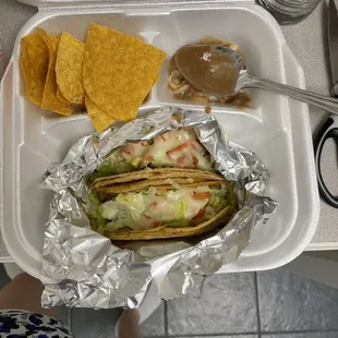 Shrimp tacos and chips