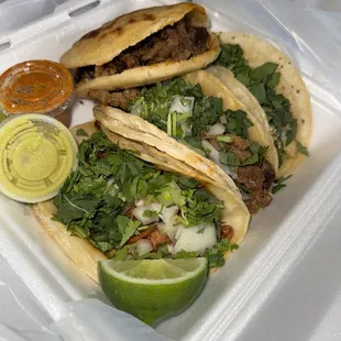 Birria, Chicken taco and beef fajita taco and gordita.