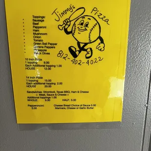 Jimmy's pizza menu