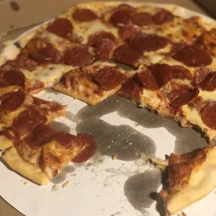 a half eaten pepperoni pizza