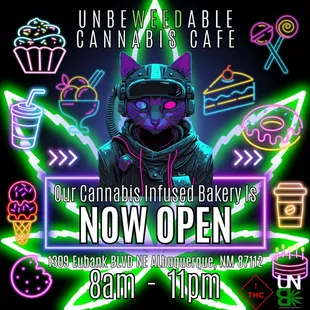 Our Cannabis Infused bakery is now open! Stop by to enjoy some cannabis infused cookies, brownies, cannabis infused drinks and more!