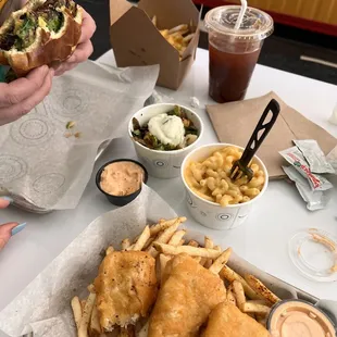 Fish &amp; Chips Box Macaroni &amp; Cheese Red Potato Hash (coffee from next door)